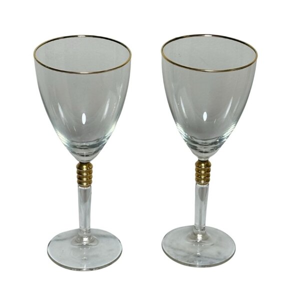 Vintage Gold Rim Wine Glasses Set of 2 | Elegant Mid Century Clear Glass Goblets - Picture 3 of 5